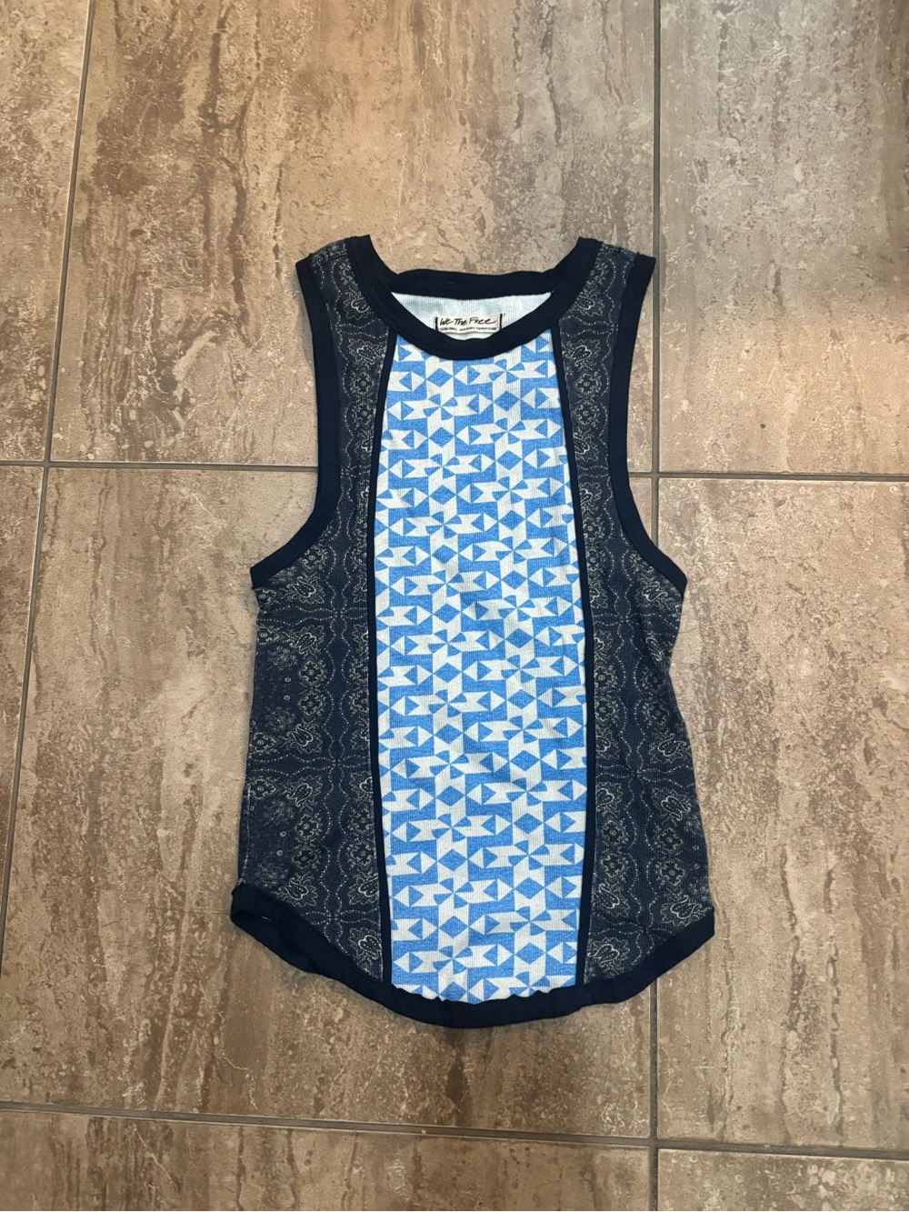 Free People Too Hot to Handle blue and black geometric pattern tank top